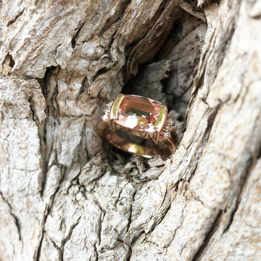 Cushion Cut Morganite, Diamond and Rose Gold Ring