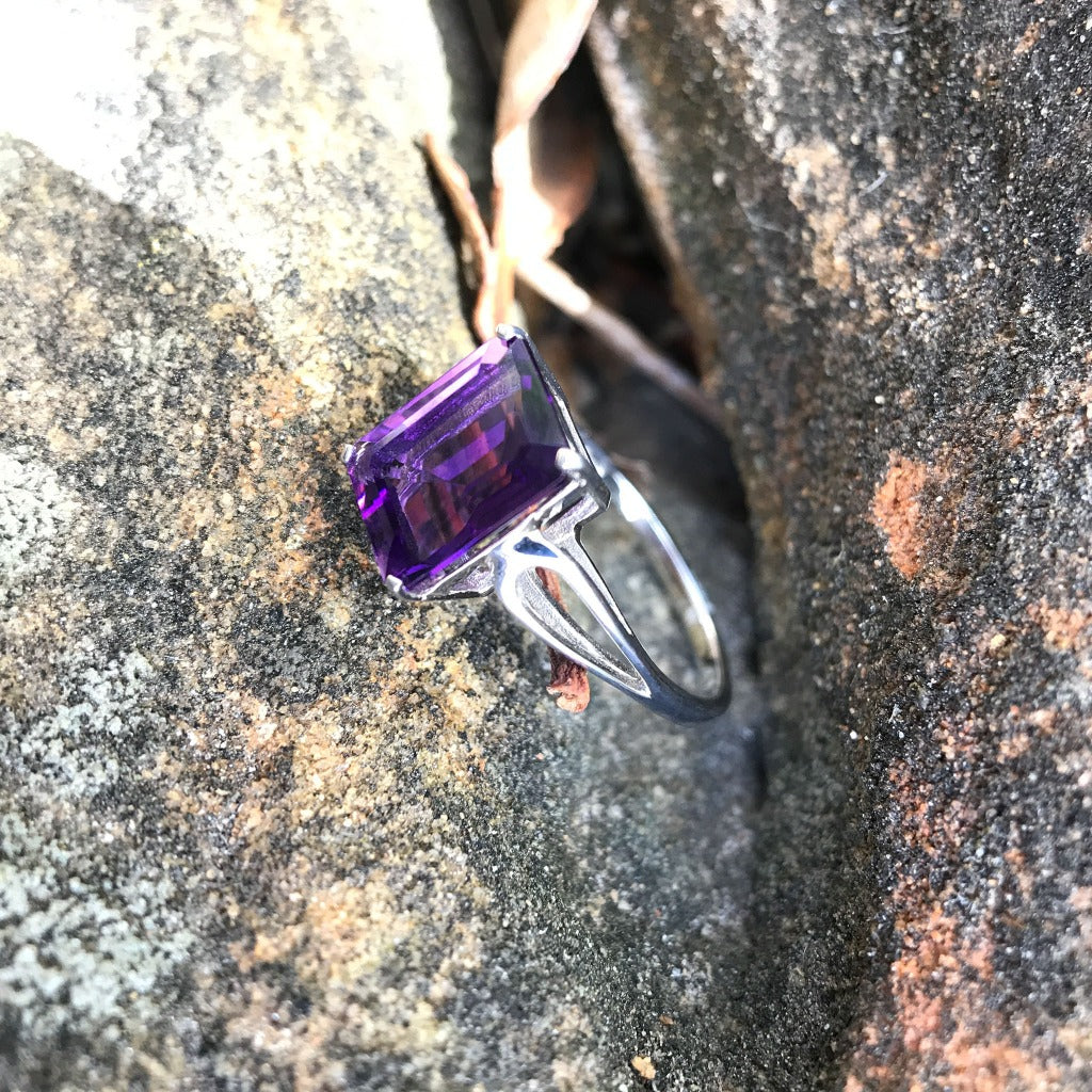 Split Shank Emerald Cut Amethyst Ring