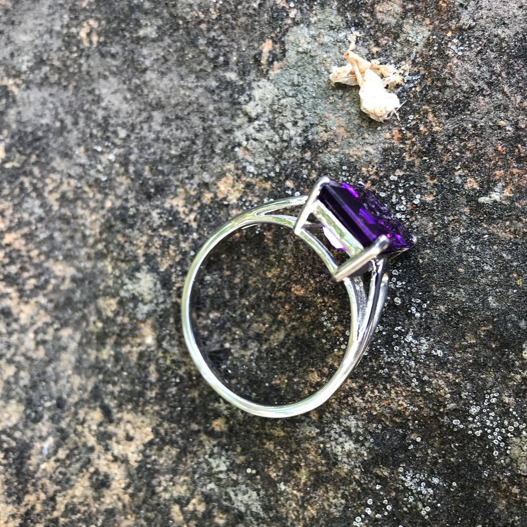 Split Shank Emerald Cut Amethyst Ring
