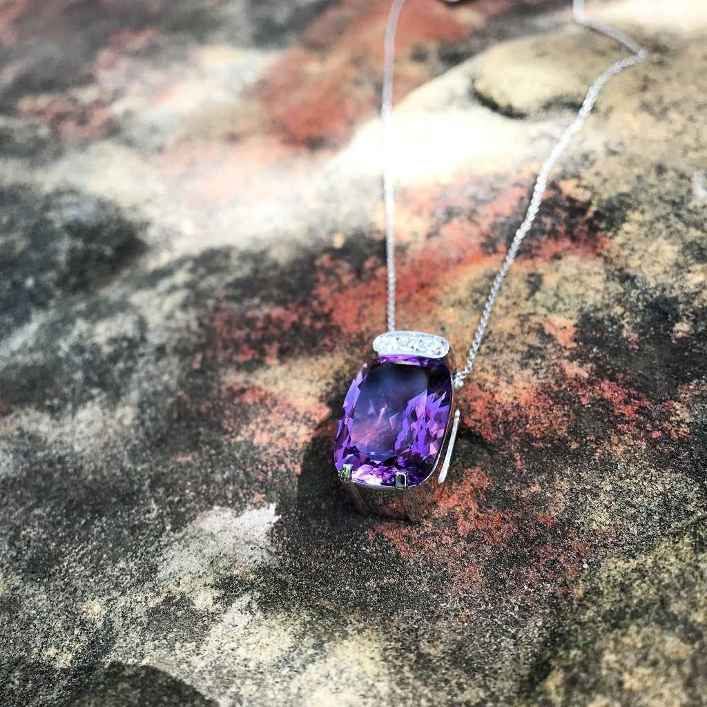 Handcrafted Cushion Cut Amethyst and Diamond Pendant and Chain