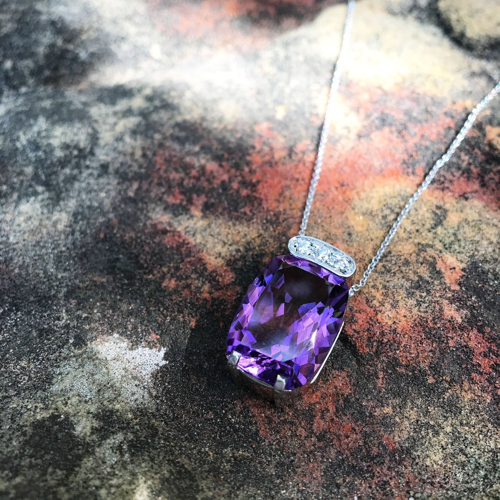 Handcrafted Cushion Cut Amethyst and Diamond Pendant and Chain
