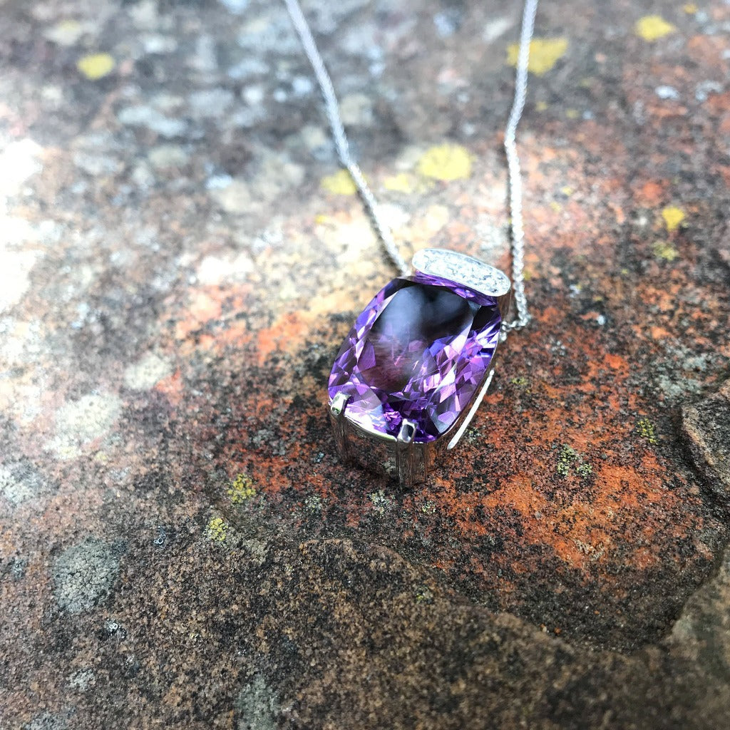 Handcrafted Cushion Cut Amethyst and Diamond Pendant and Chain