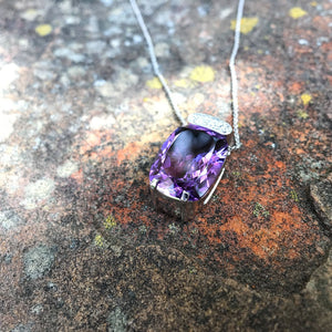 Handcrafted Cushion Cut Amethyst and Diamond Pendant and Chain