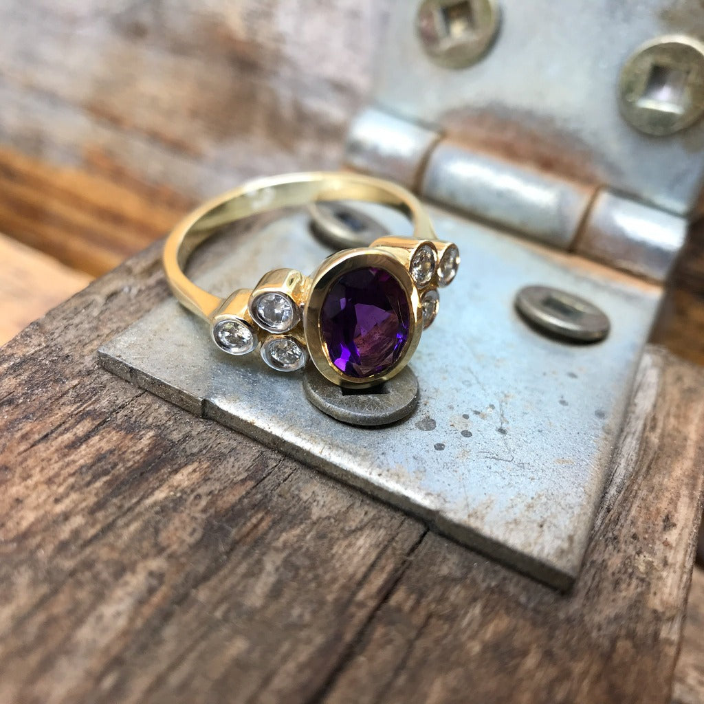 Oval Cut Amethyst Ring with Double Diamond Trilogy Accents