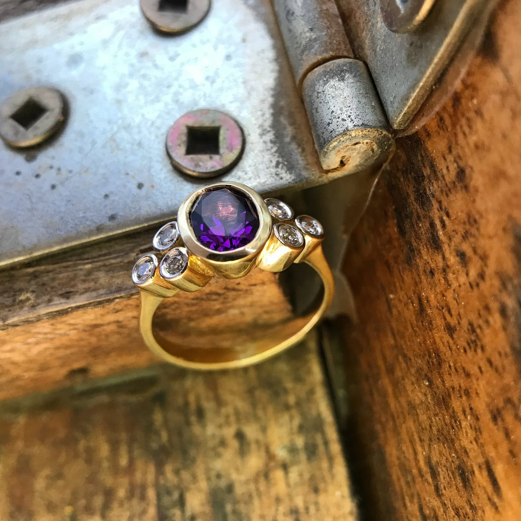 Oval Cut Amethyst Ring with Double Diamond Trilogy Accents