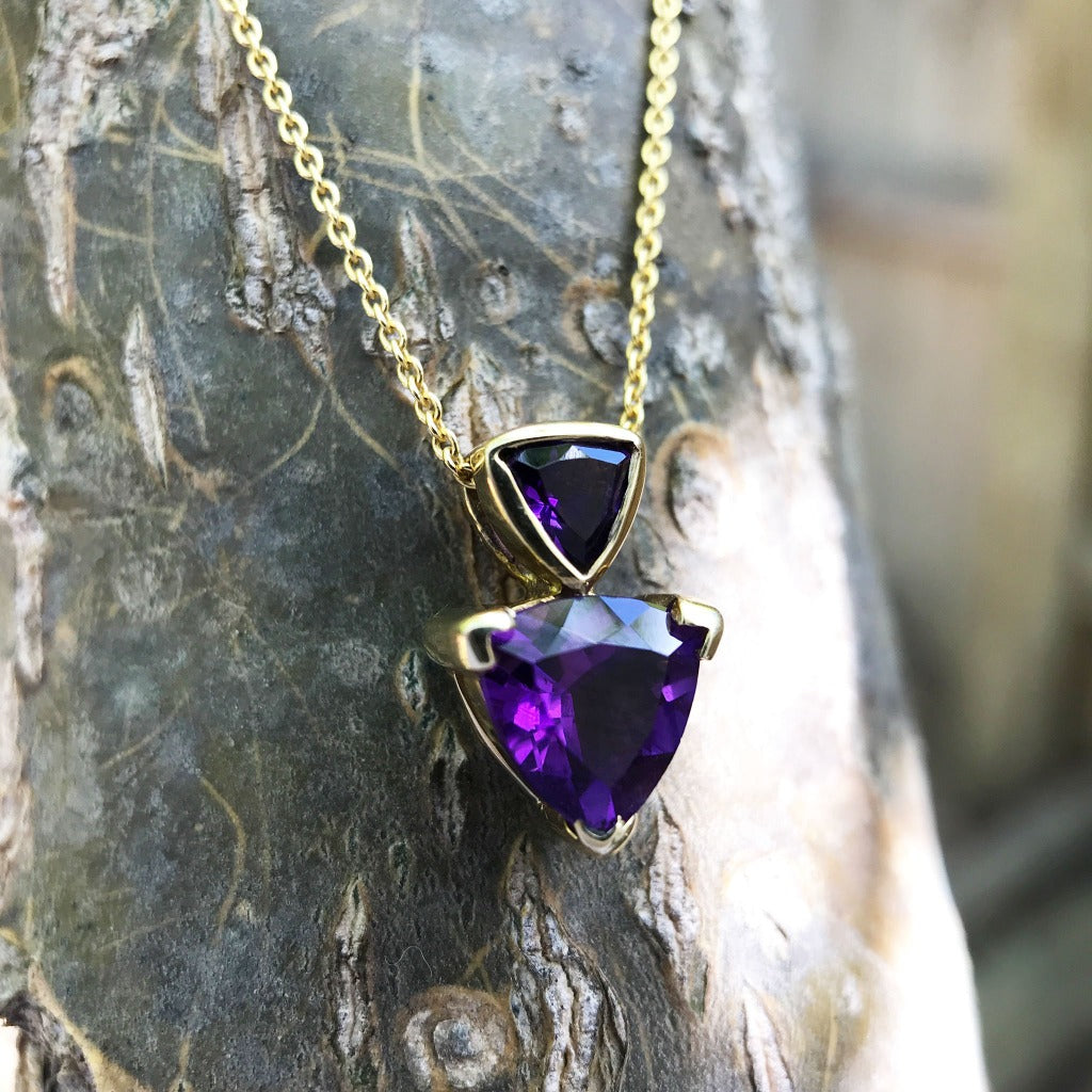 Double Trilliant Cut Amethyst pendant and Chain