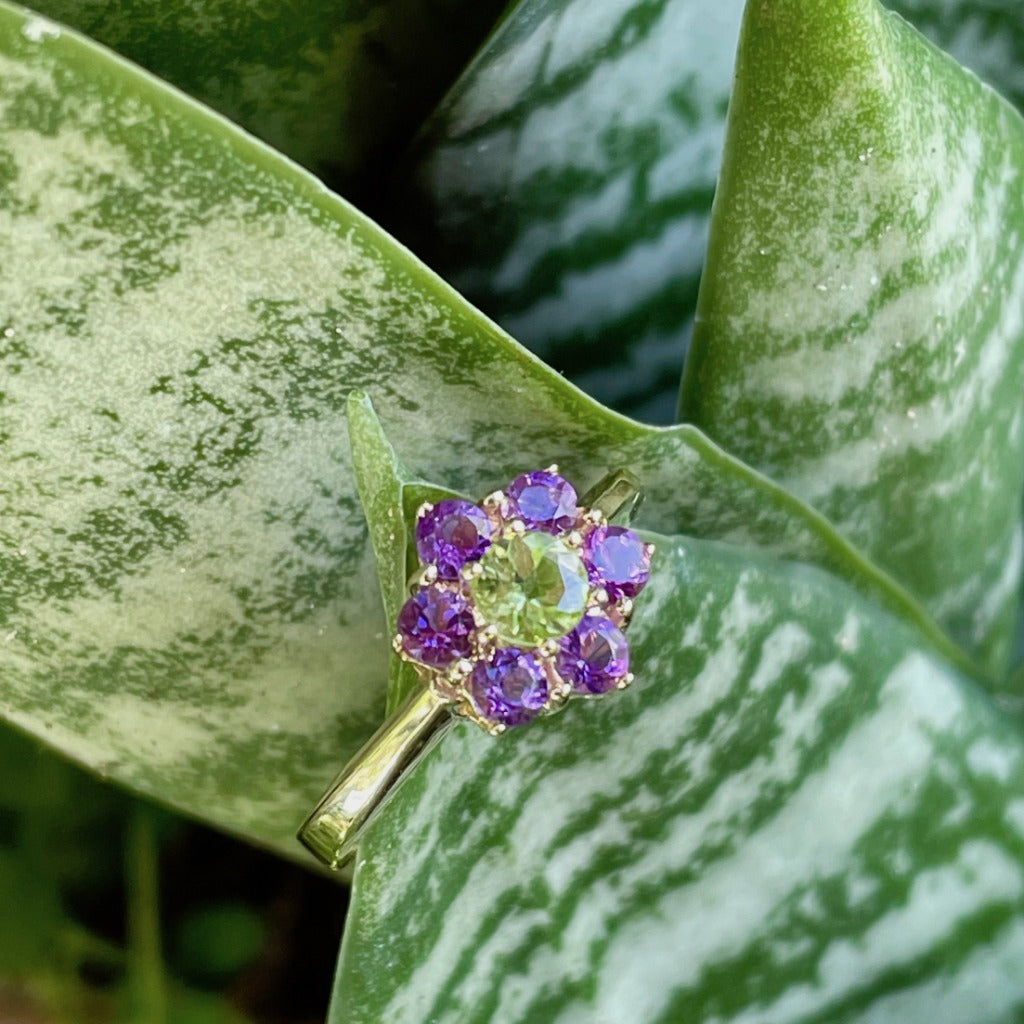 Amethyst and Peridot Flower Ring