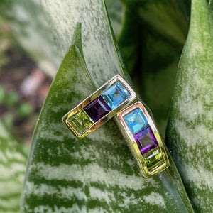 Blue Topaz, Amethyst and Peridot Channel Set Yellow Gold Earrings