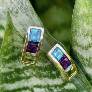 Blue Topaz, Amethyst and Peridot Channel Set Yellow Gold Earrings