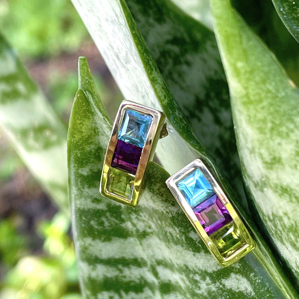 Blue Topaz, Amethyst and Peridot Channel Set Yellow Gold Earrings