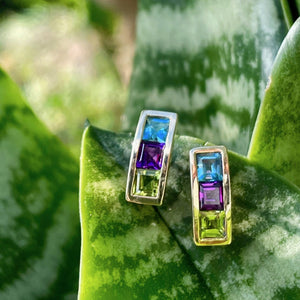 Blue Topaz, Amethyst and Peridot Channel Set Yellow Gold Earrings