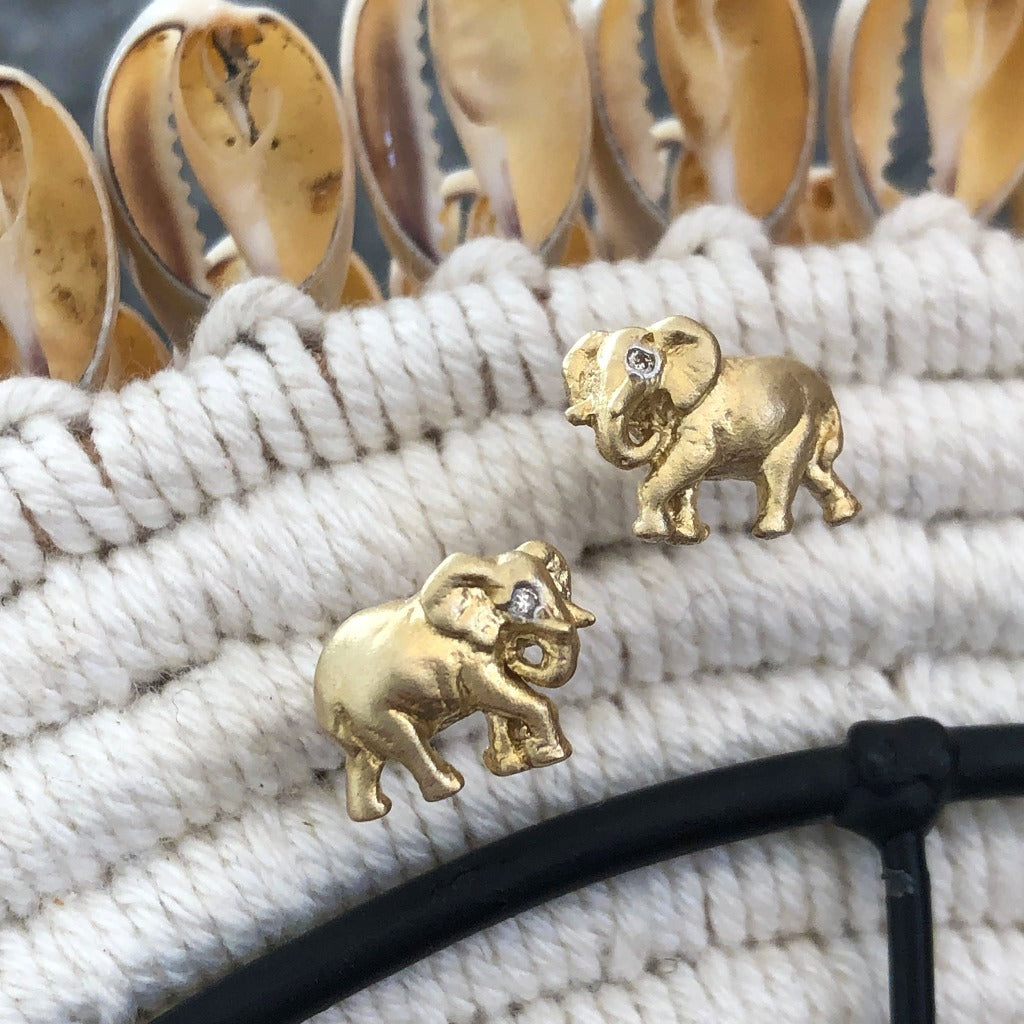 Elephant Yellow Gold and Diamond Studs