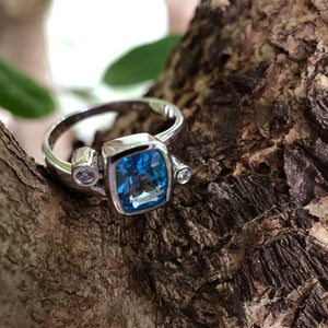 Cushion Cut Blue Topaz Ring with Diamond Accents