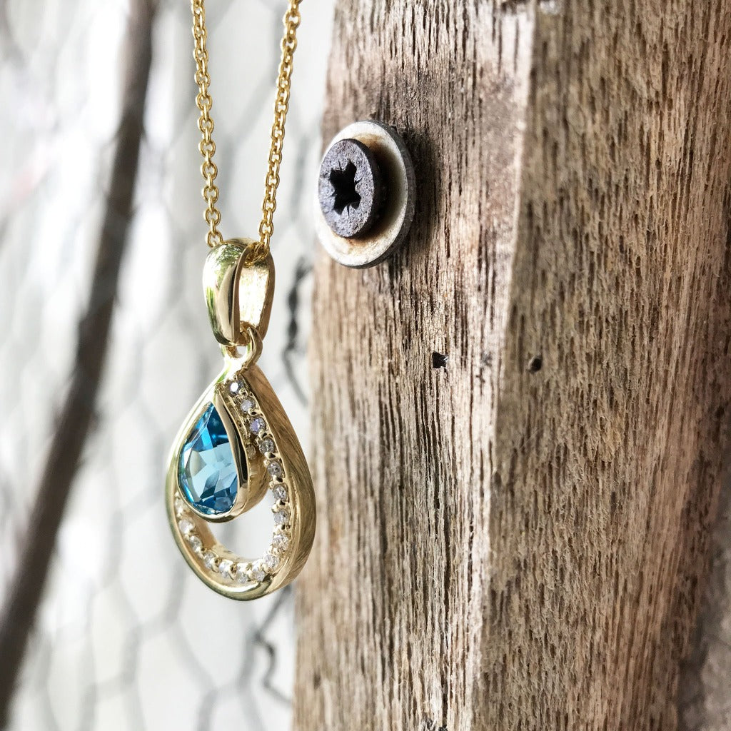 Sparkling Water Droplet Topaz and Diamond Pendant
