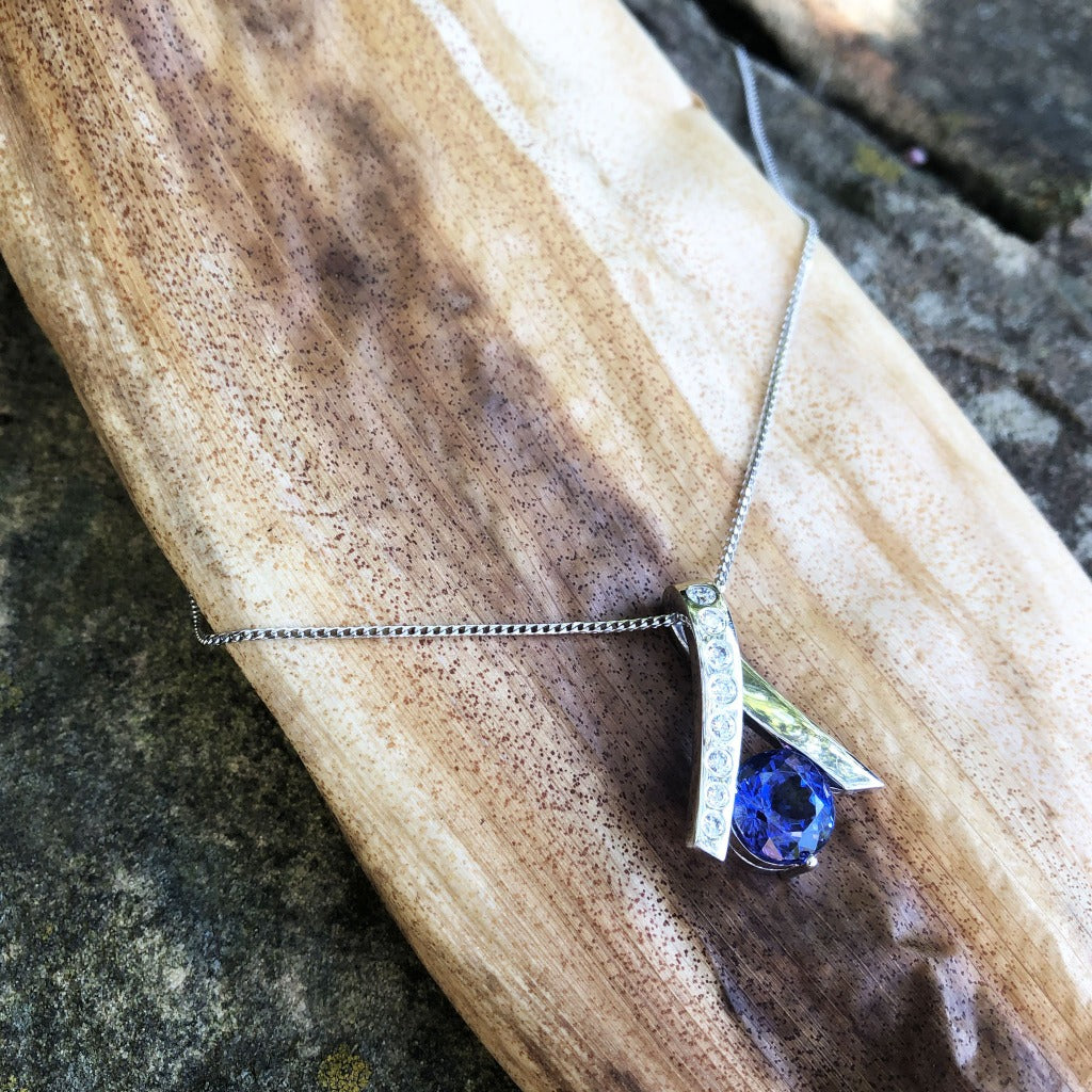 Handcrafted Tanzanite with Diamond Ribbon Pendant