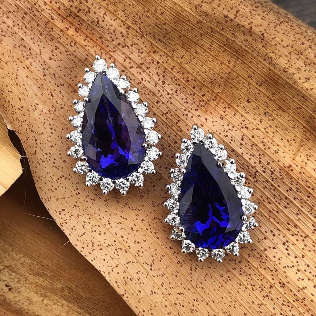 Pear Cut Tanzanite Diamond Halo Earrings