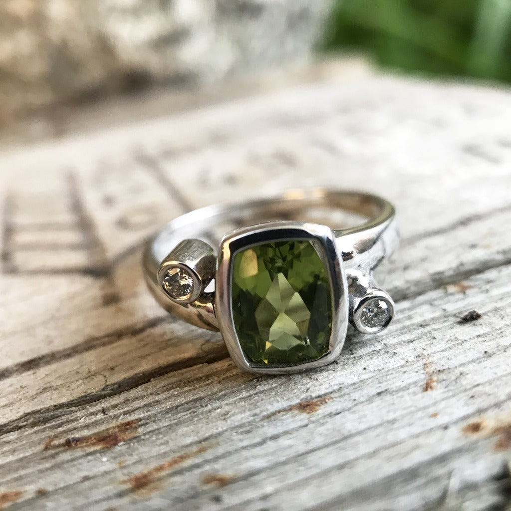 Cushion Cut Peridot Ring with Tube Set Diamond Accents