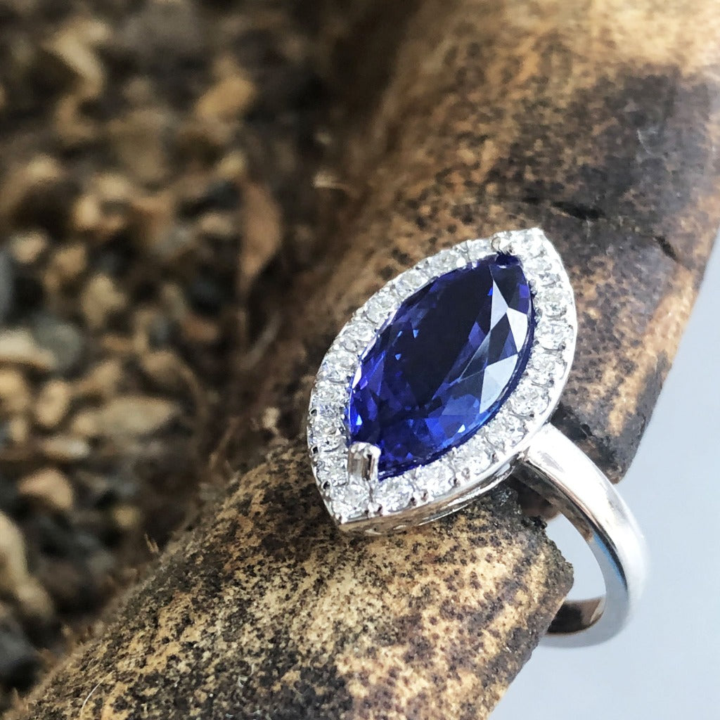 Marquise Cut Tanzanite and Diamond Halo Ring