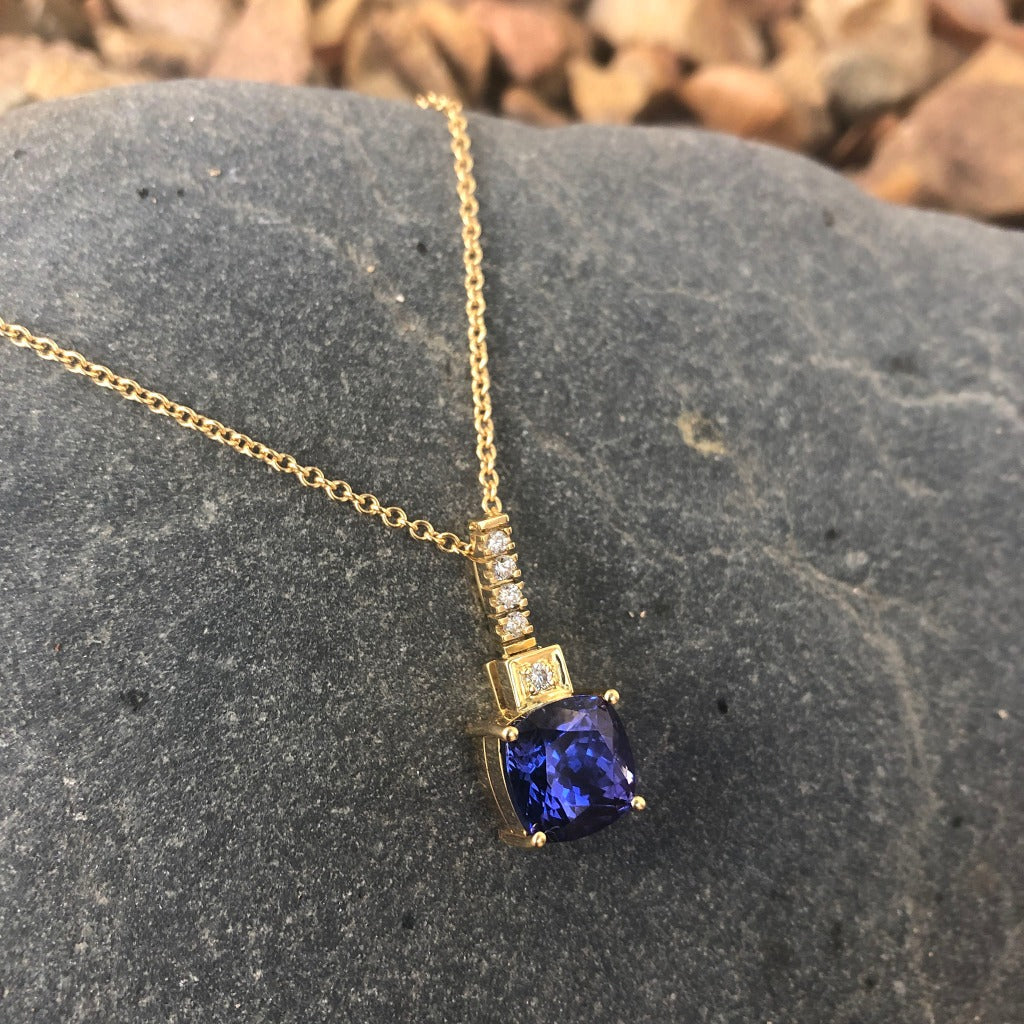 Handcrafted Cushion Cut Tanzanite Yellow Gold Pendant with Diamond Bale Detail