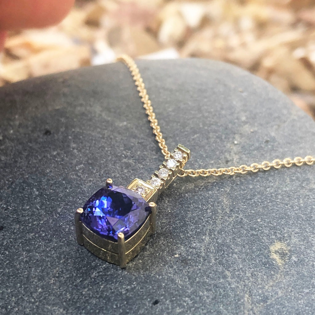 Handcrafted Cushion Cut Tanzanite Yellow Gold Pendant with Diamond Bale Detail