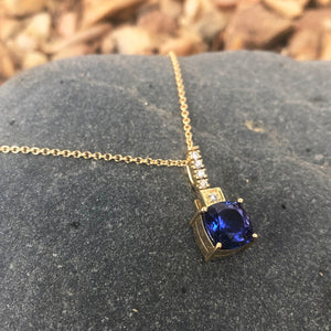 Handcrafted Cushion Cut Tanzanite Yellow Gold Pendant with Diamond Bale Detail