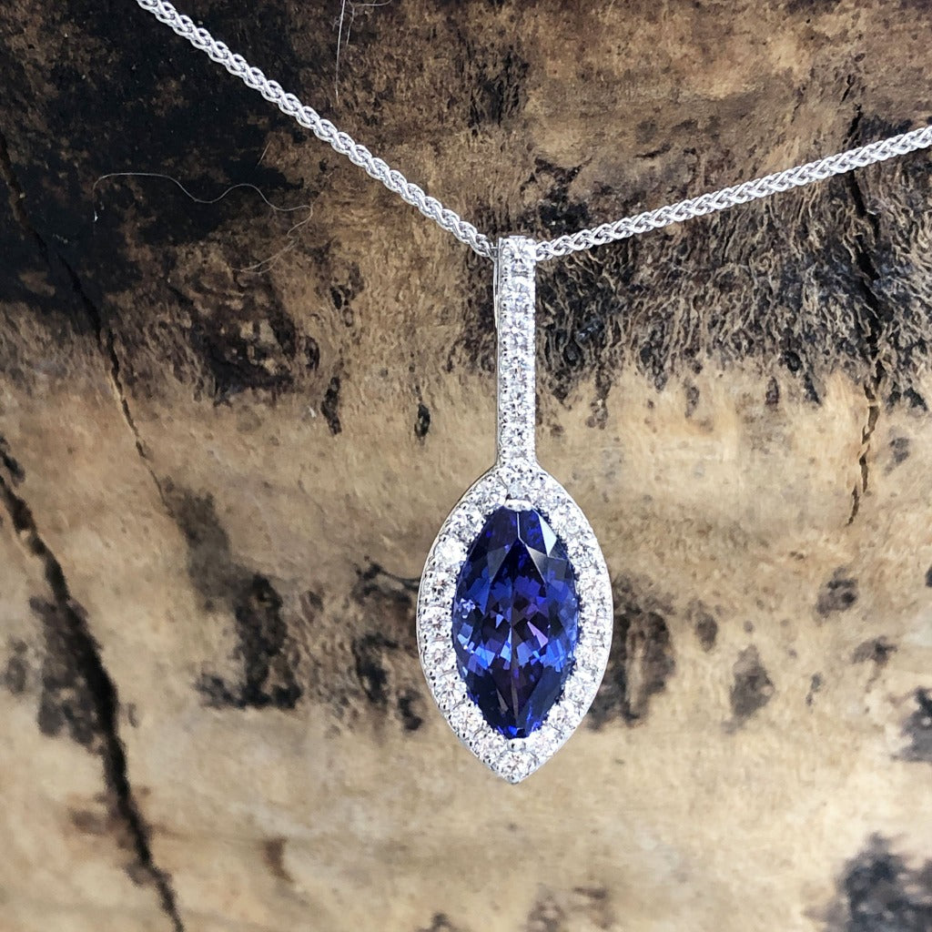 Marquise-Cut Tanzanite, Diamond Halo and Pavé Bale Pendant