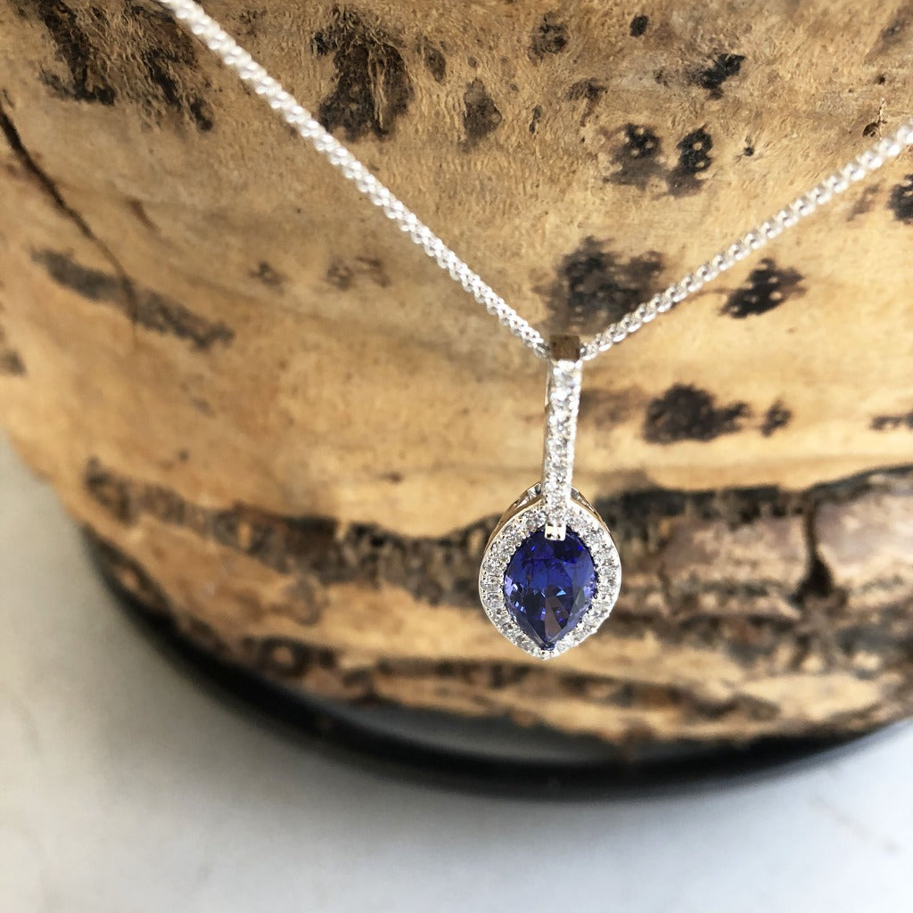 Marquise-Cut Tanzanite, Diamond Halo and Pavé Bale Pendant