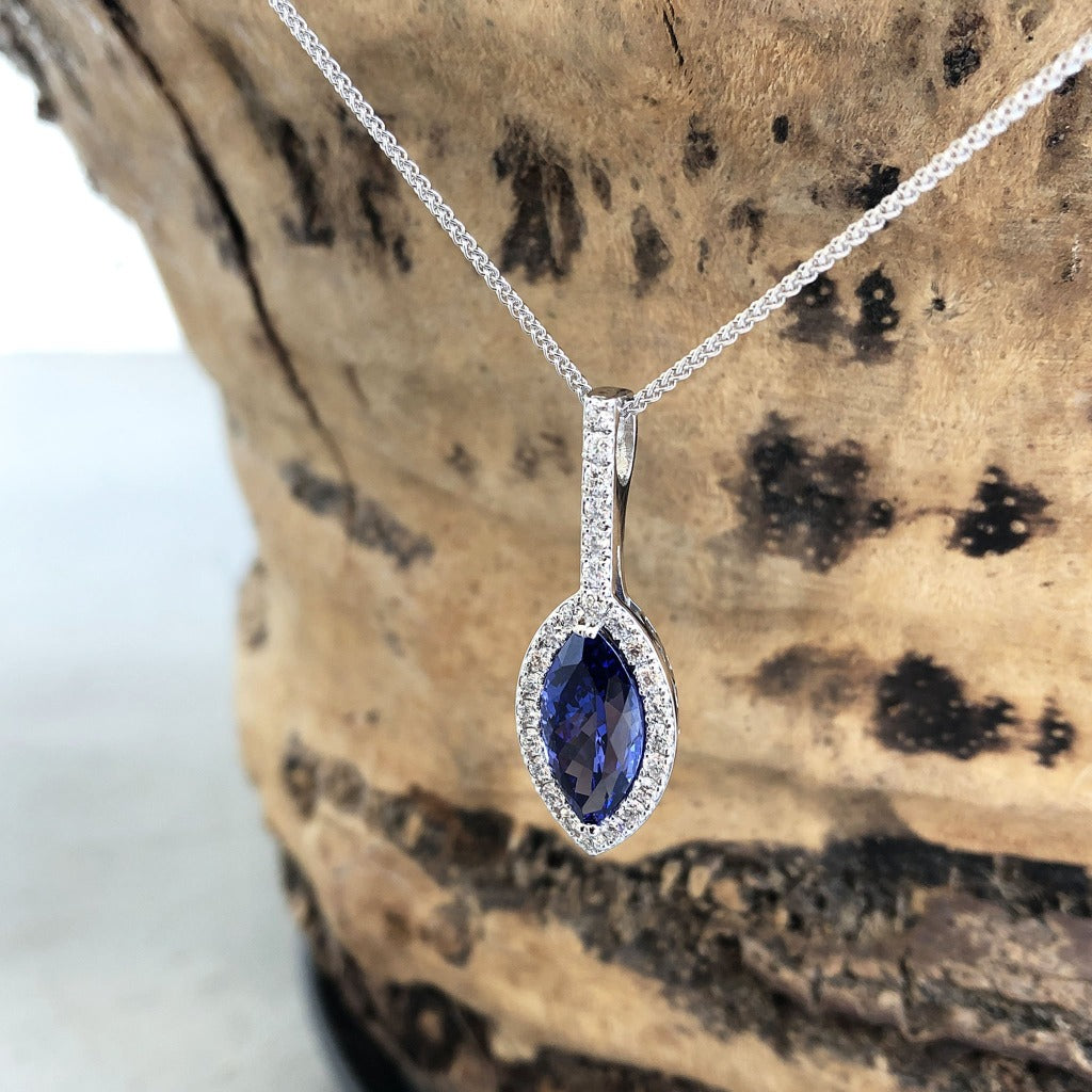 Marquise-Cut Tanzanite, Diamond Halo and Pavé Bale Pendant