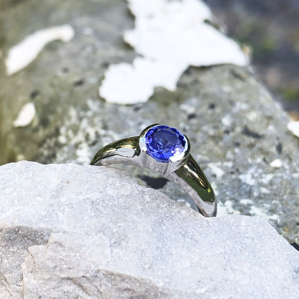 Contemporary Tanzanite Solitaire Ring in a Half Tube Setting