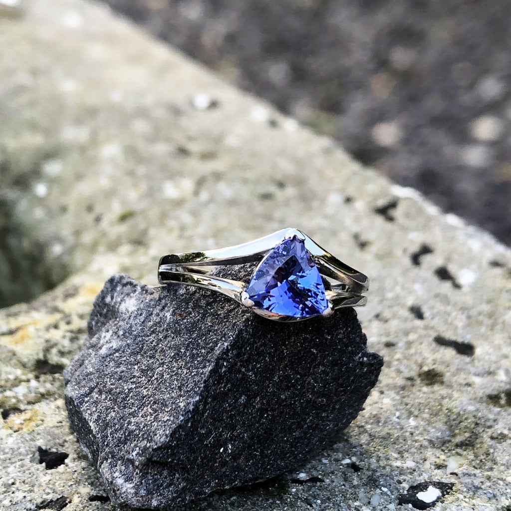 Dynamic Split Shank Trilliant-Cut Tanzanite Ring