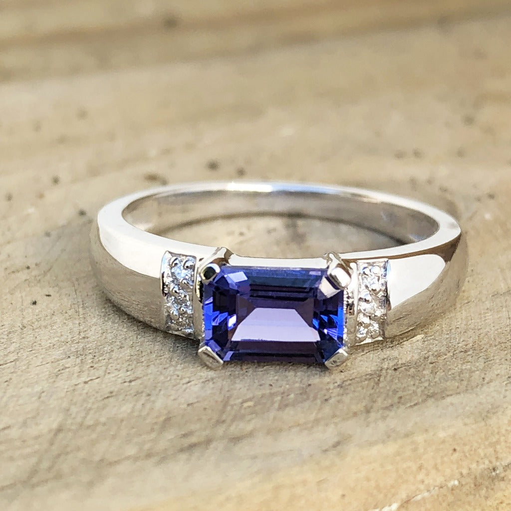 Octagonally Cut Tanzanite with Diamond Accent Ring