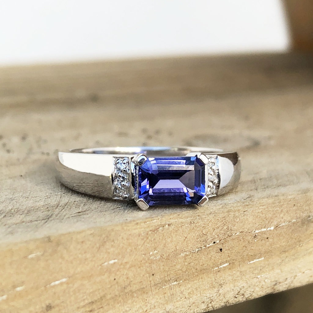 Octagonally Cut Tanzanite with Diamond Accent Ring