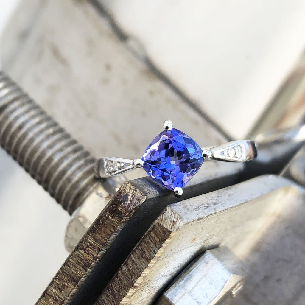 Delicate Cushion Cut Tanzanite Ring with Diamond Accents