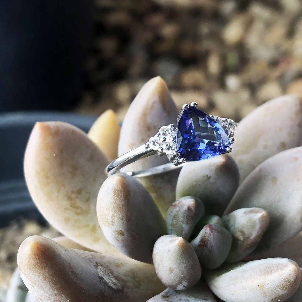 Trilliant Cut Tanzanite Ring with Trilogy Diamond Accents