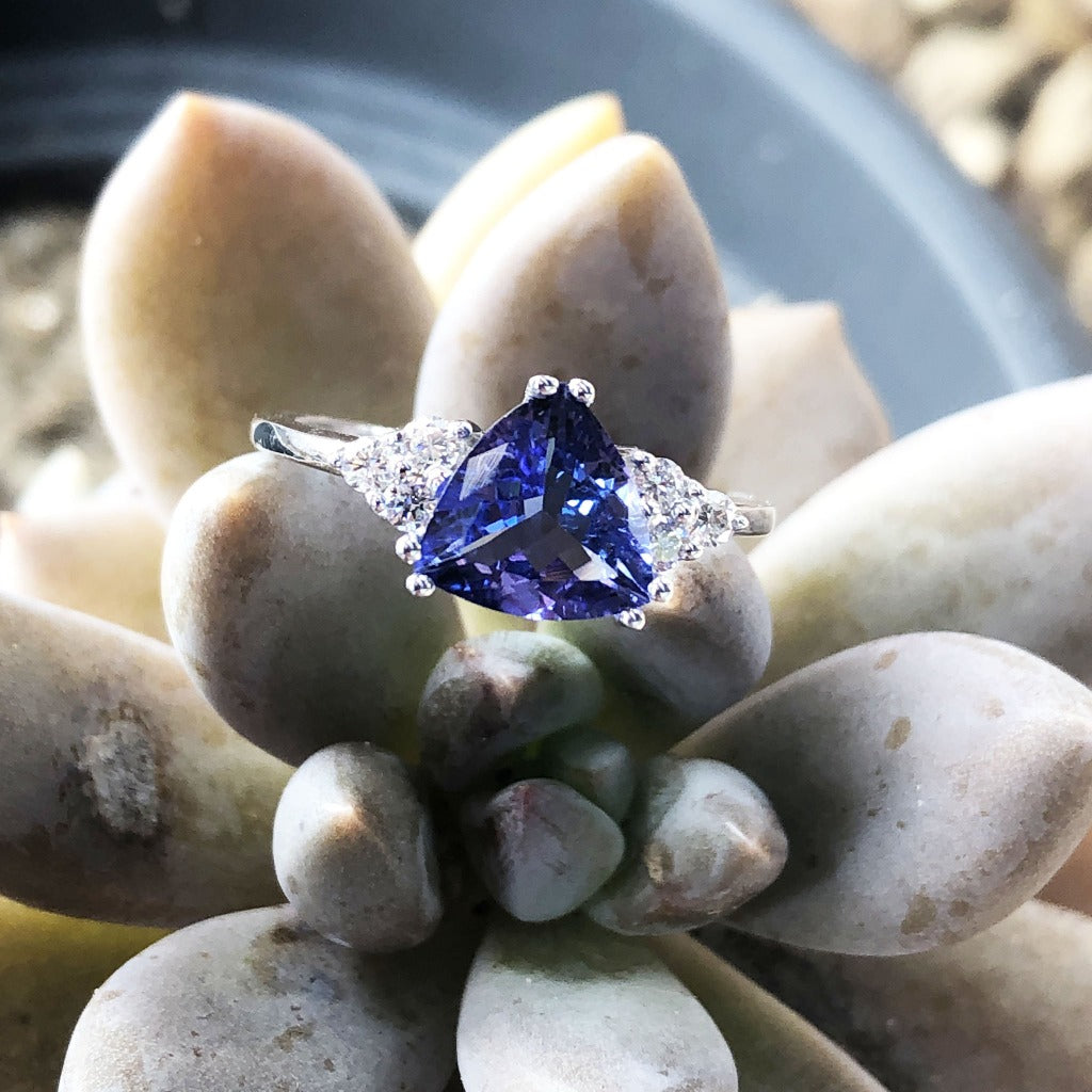 Trilliant Cut Tanzanite Ring with Trilogy Diamond Accents