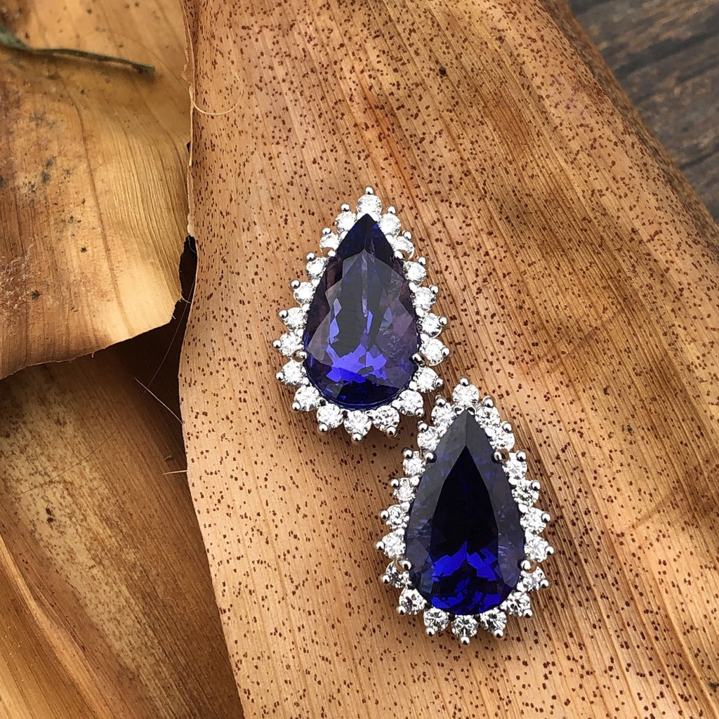 Pear Cut Tanzanite Diamond Halo Earrings