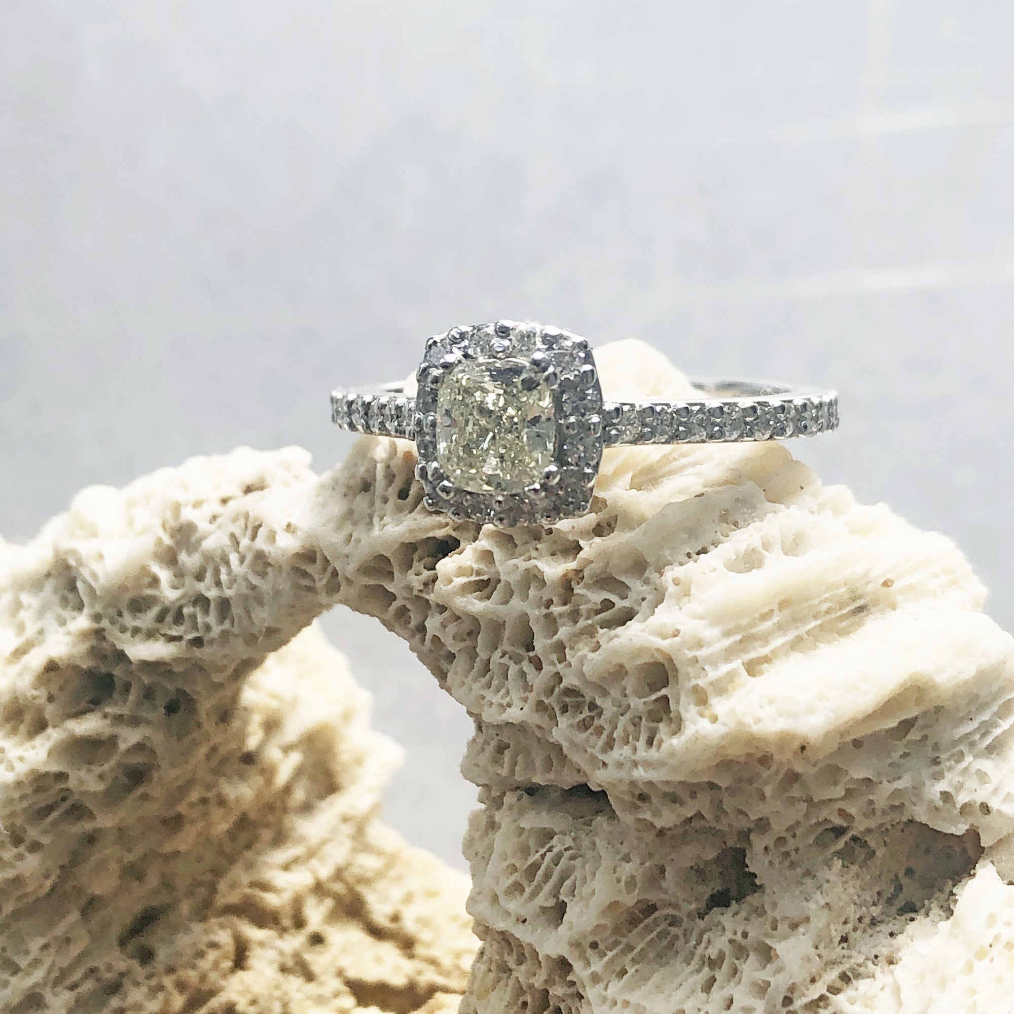 Handcrafted Faint Yellow Diamond Ring with Diamond Halo and Diamond Band