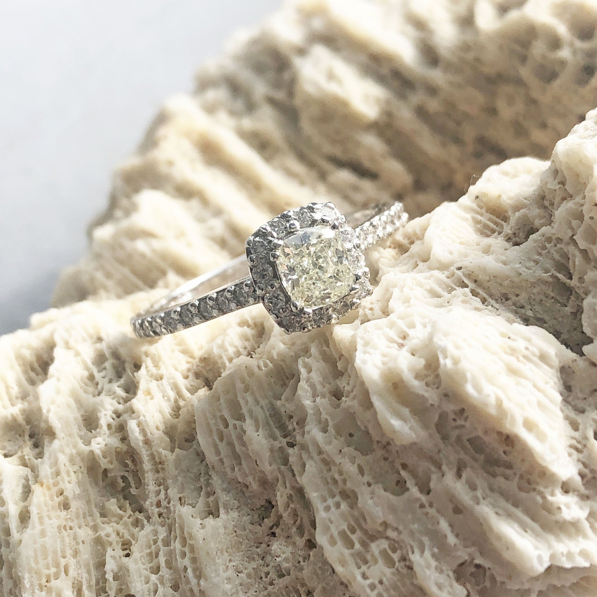 Handcrafted Faint Yellow Diamond Ring with Diamond Halo and Diamond Band