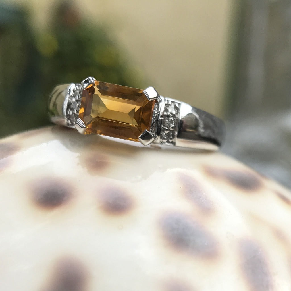 Emerald Cut Citrine Ring with Diamond Accent