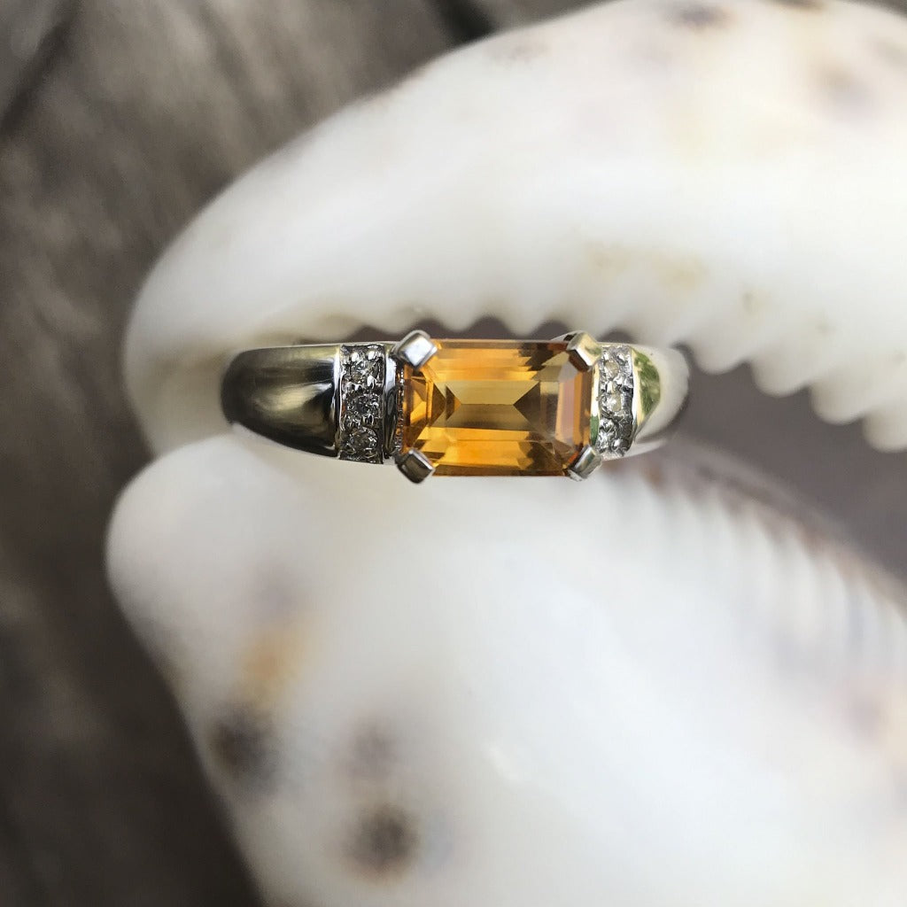 Emerald Cut Citrine Ring with Diamond Accent