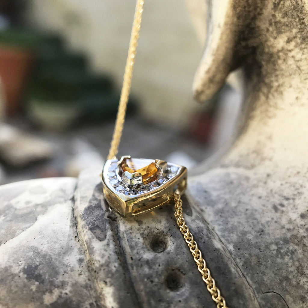 Trilliant Cut Citrine With Trilliant Diamond Halo Pendant