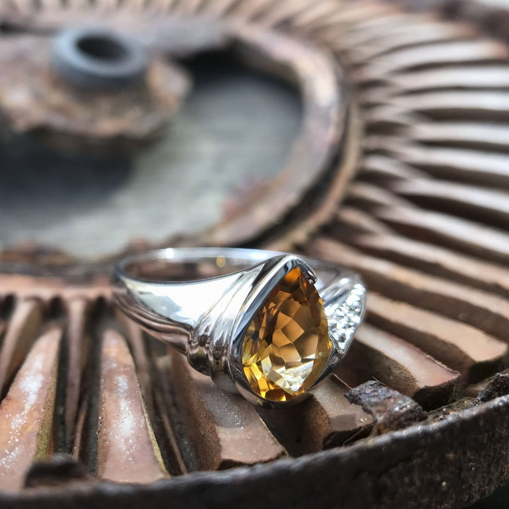 Pear Cut Citrine and Diamond White Gold Ring