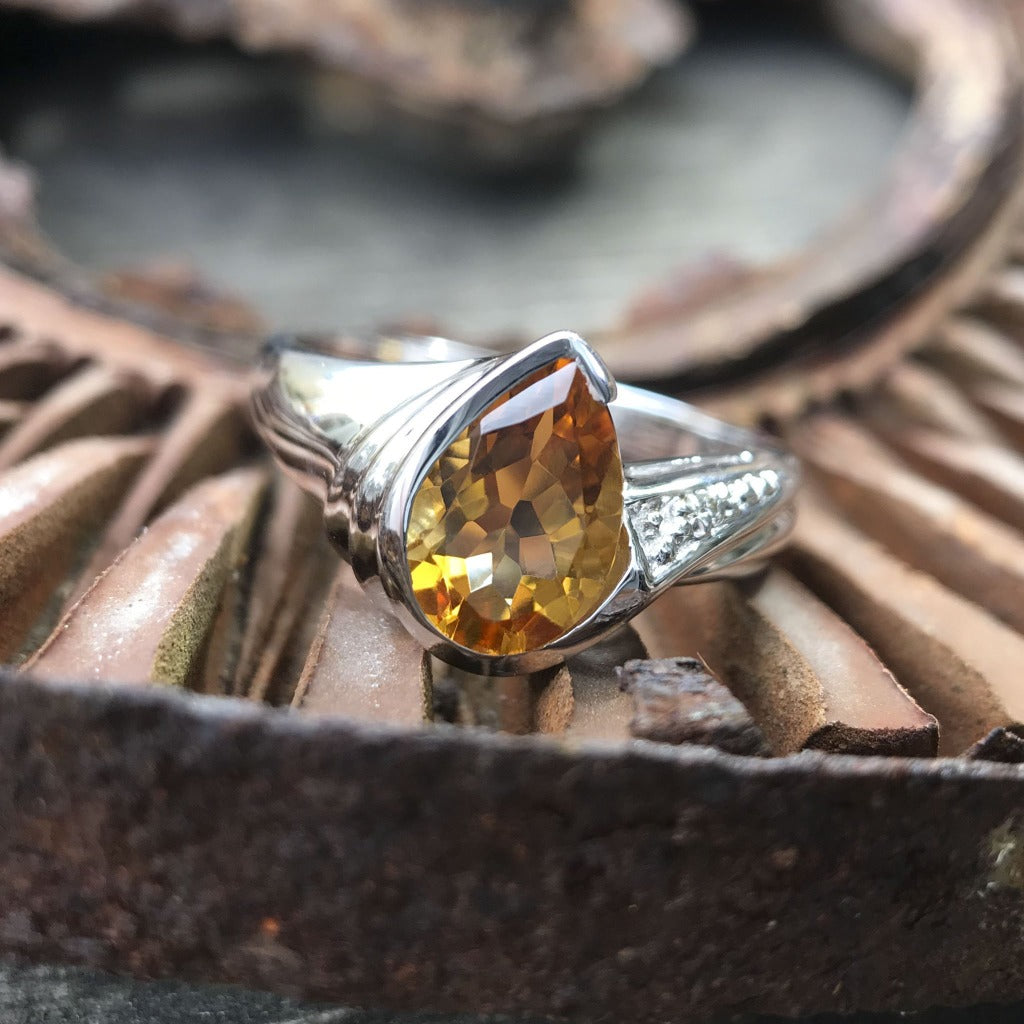 Pear Cut Citrine and Diamond White Gold Ring
