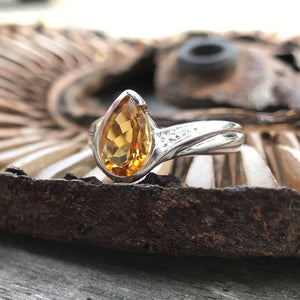 Pear Cut Citrine and Diamond White Gold Ring