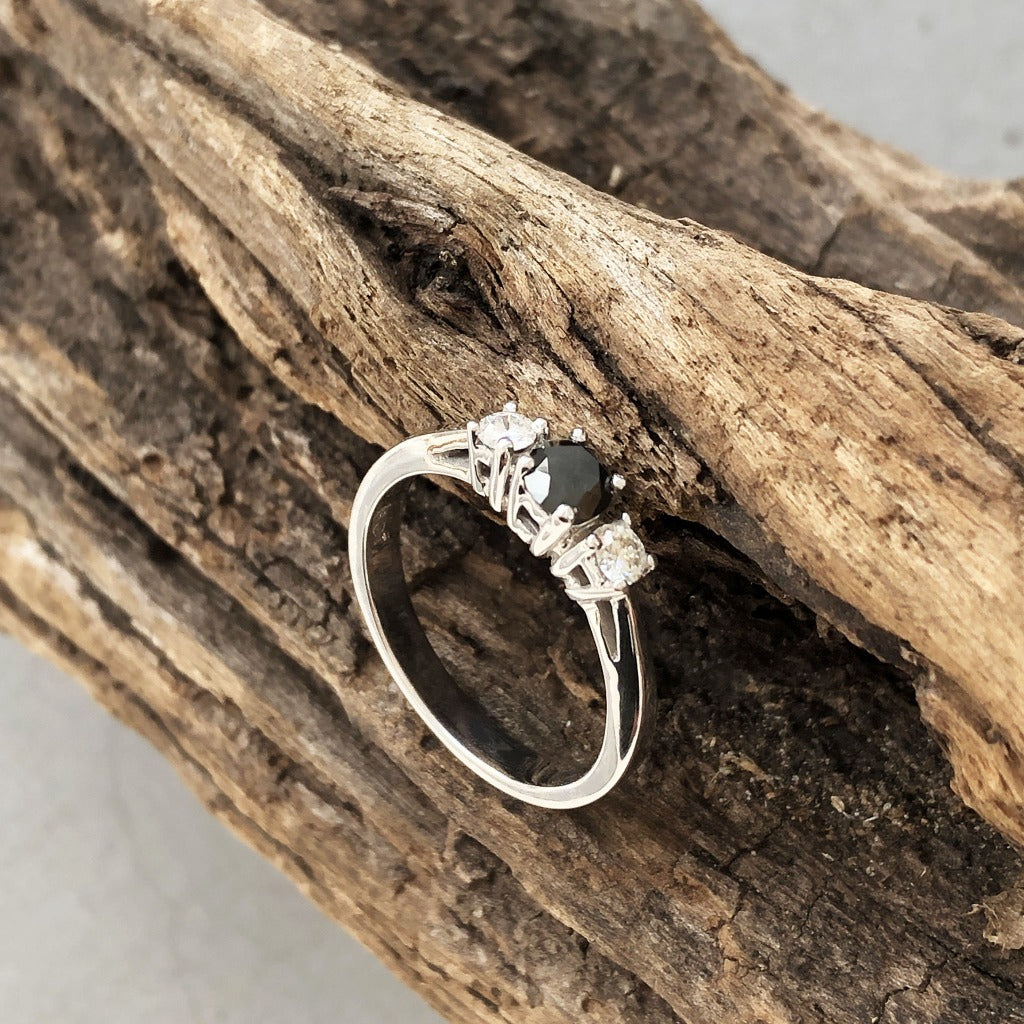14ct Black And White Diamond Trilogy Ring
