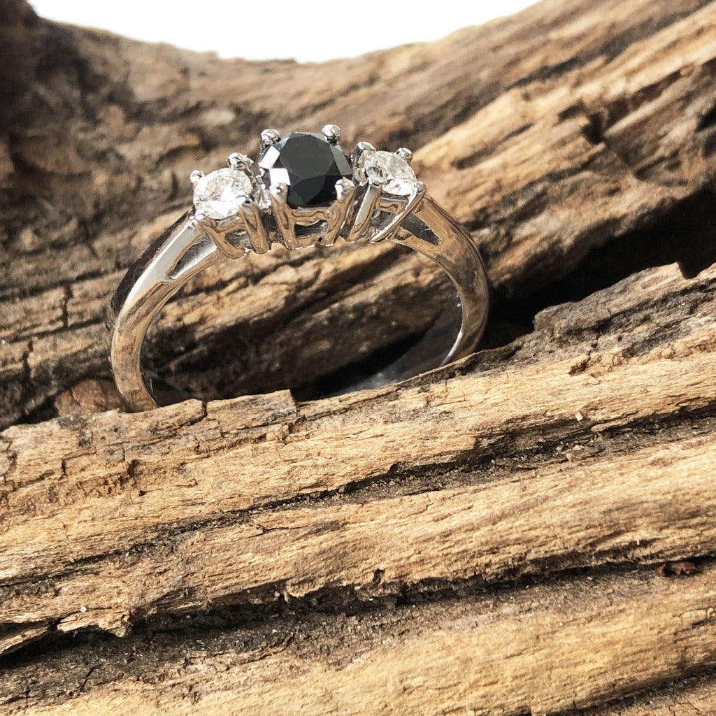 14ct Black And White Diamond Trilogy Ring