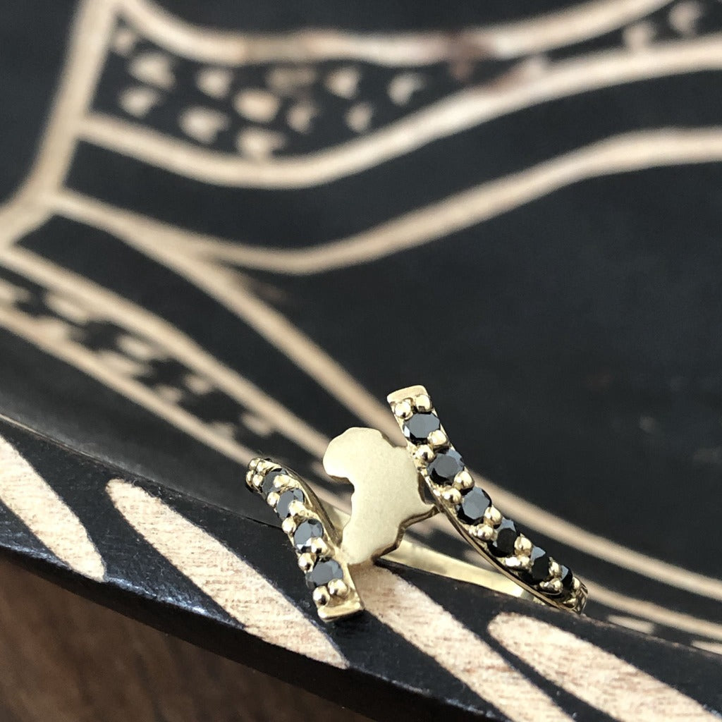 Gold Split Band Africa Map Ring with Black Diamond Embellishment