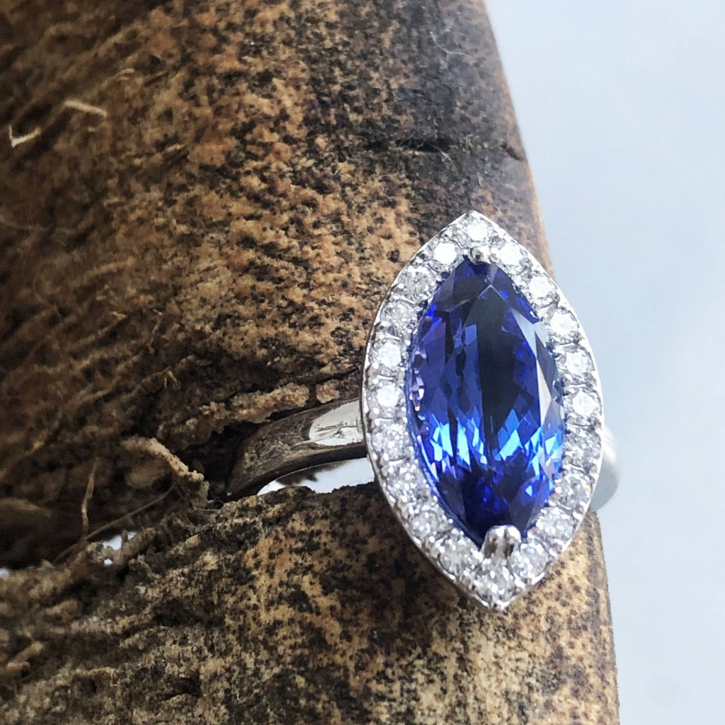 Marquise Cut Tanzanite and Diamond Halo Ring