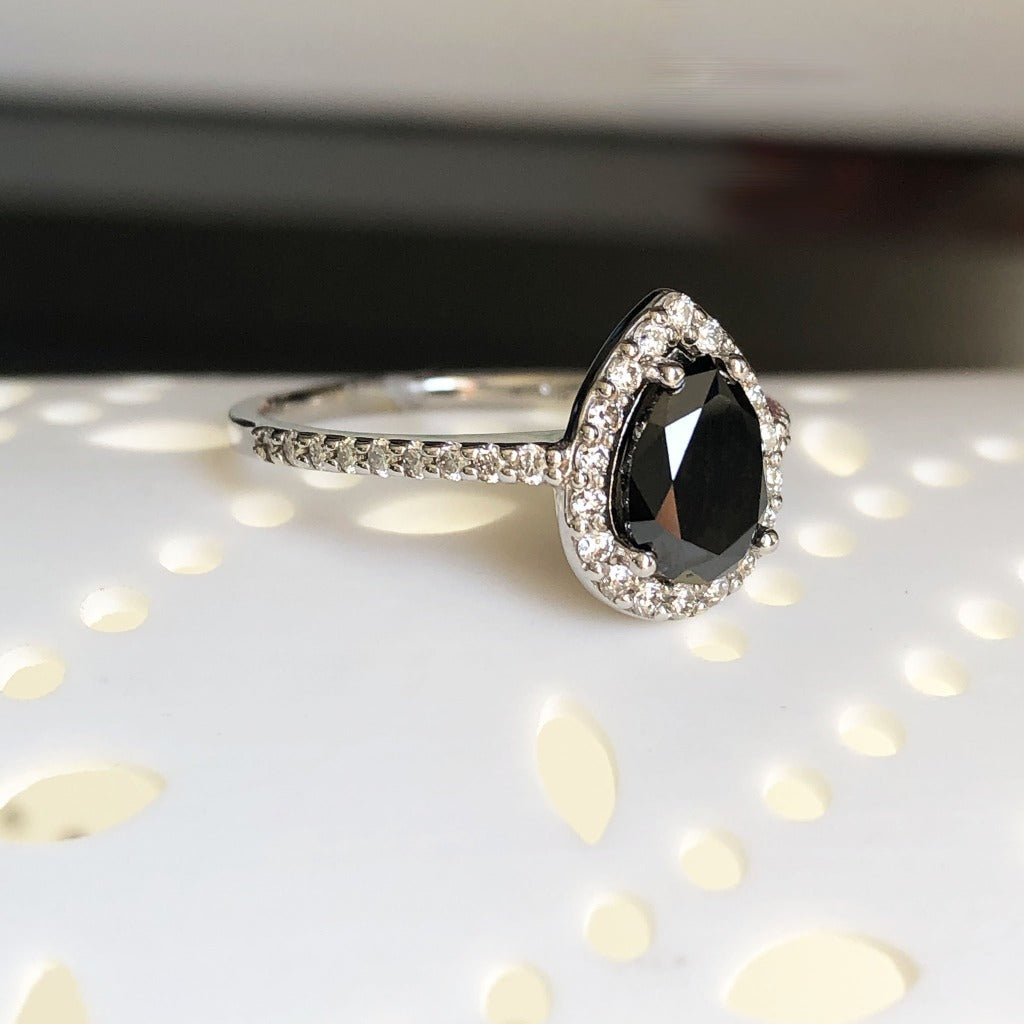 Pear Cut Black Diamond with White Diamond Halo