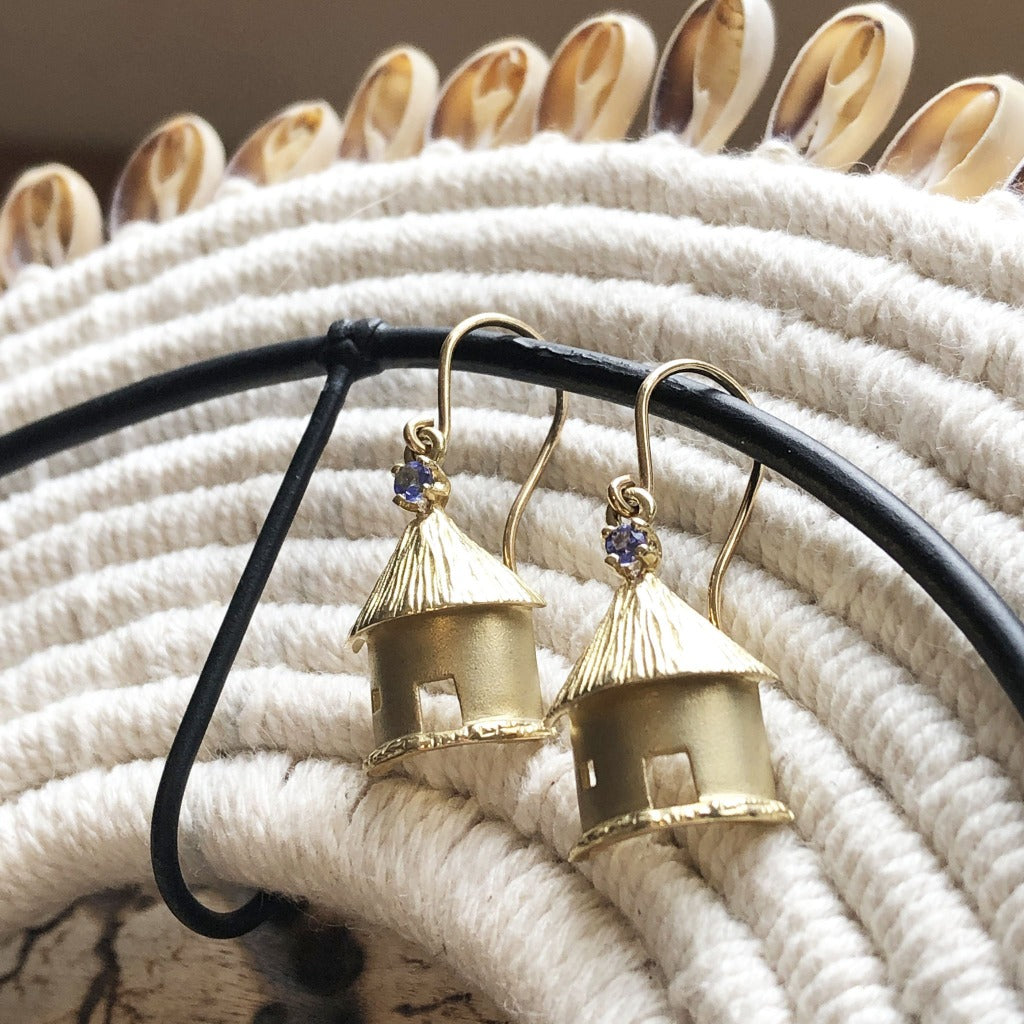 African Rondavel Gold and Tanzanite Earrings